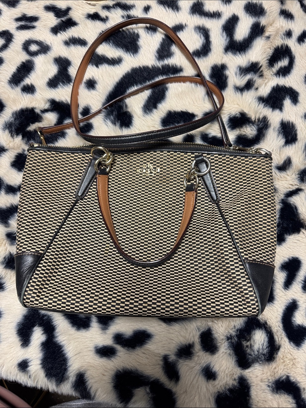 Coach Black and Cream Woven Crossbody with Brown Handles